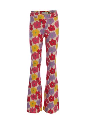Wijde broek met elastische tailleband, voorzien van een kleurrijk bloemmotief in rood, geel en paars op een lichte achtergrond.