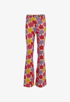 Wijde broek met elastische tailleband, voorzien van een kleurrijk bloemmotief in rood, geel en paars op een lichte achtergrond.