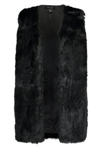 Svart fuskpälsväst med lång, mjuk textur. Öppen framsidan utan knäppningar, inre foder i enfärgat svart och enkel skärning.