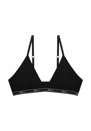 Czarny stanik braletka o prążkowanej fakturze, z dekoltem w kształcie litery V i regulowanymi ramiączkami. Posiada band z białym logo "Blonii".