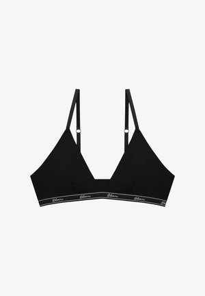 Czarny stanik braletka o prążkowanej fakturze, z dekoltem w kształcie litery V i regulowanymi ramiączkami. Posiada band z białym logo "Blonii".