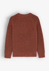 Rdzawy sweter z prążkowanej tkaniny z okrągłym dekoltem, z teksturowanym wzorem i długimi rękawami. Materiał ma subtelne plamki w całej powierzchni.