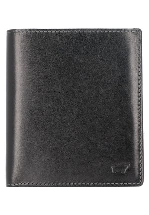 Cartera de cuero negro con una textura suave, diseño bi-fold y costuras en contraste. Presenta un logo grabado en la esquina inferior derecha.