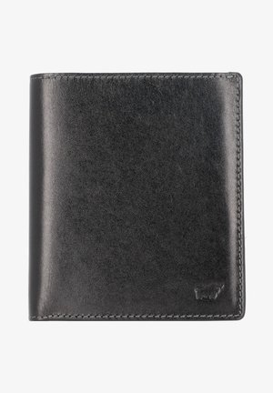 Black leather wallet with a smooth texture, bi-fold design, and contrasting stitching. Features logo embossed in bottom right corner.