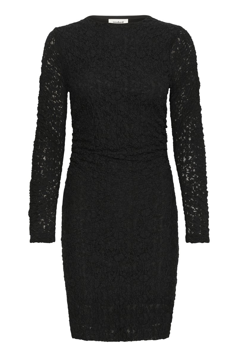 Schwarzes Spitzenkleid mit langen Ärmeln, das ein gewelltes Muster, eine figurbetonte Silhouette, einen runden Ausschnitt und einen strukturierten Stoff aufweist.