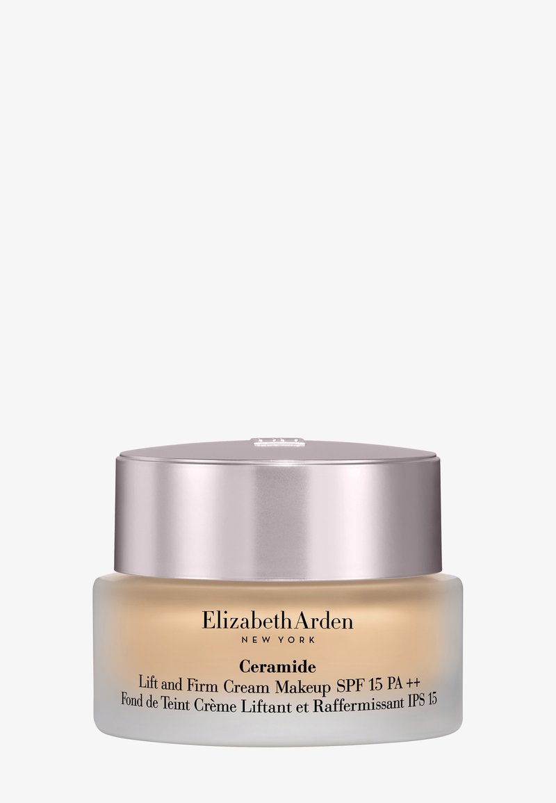Barattolo di trucco Elizabeth Arden Ceramide Lift and Firm Cream con SPF 15, tonalità beige chiaro, coperchio argento.