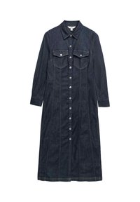 Mörk denimklänning med knäppning framtill, krage och två bröstfickor. Långa ärmar, rak skärning och subtil vertikal sömdetaljering.