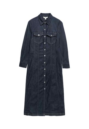 Vestido de denim oscuro con botones en el delantero, cuello y dos bolsillos en el pecho. Manga larga, corte recto y un sutil detalle de costura vertical.