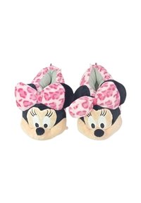 Pantofole in peluche con un design a personaggio dei cartoni animati, esterno nero, dettagli rosa e maculati, e dettagli del volto ricamati.