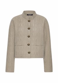 Gestepptes beiges Jackett mit Rundhals, metallischen Knöpfen und langen Ärmeln. Verfügt über einen strukturierten Stoff mit einem geprägten Muster.
