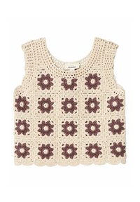 Top all'uncinetto con motivi floreali in viola scuro su uno sfondo crema. Orlo scallopato e ampie aperture per le spalle. Il materiale sembra texturizzato.