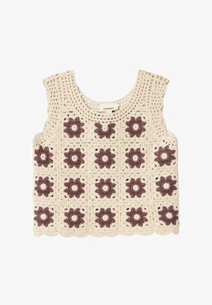 Top all'uncinetto con motivi floreali in viola scuro su uno sfondo crema. Orlo scallopato e ampie aperture per le spalle. Il materiale sembra texturizzato.