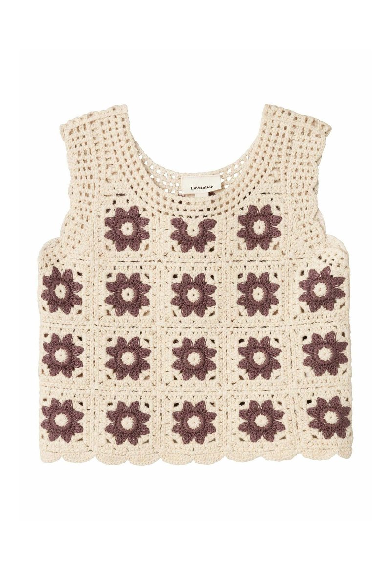 Top all'uncinetto con motivi floreali in viola scuro su uno sfondo crema. Orlo scallopato e ampie aperture per le spalle. Il materiale sembra texturizzato.