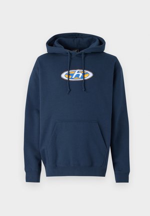 Navy blue hoodie made of soft fabric, featuring a front kangaroo pocket and a logo design in orange and blue on the chest area.