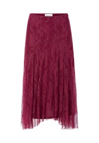Jupe en dentelle bourgogne avec motif floral, superposition en tissu transparent et design plissé. Dispose d'une taille cintrée et d'une silhouette fluide.