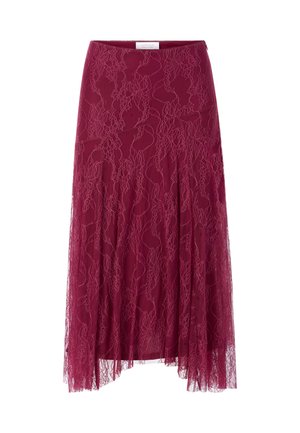 Jupe en dentelle bourgogne avec motif floral, superposition en tissu transparent et design plissé. Dispose d'une taille cintrée et d'une silhouette fluide.