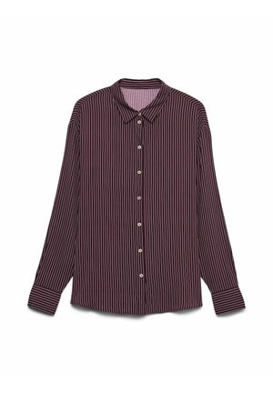 Chemise à manches longues avec des rayures verticales blanches sur un fond bordeaux foncé, col écarté et poignets boutonnés.