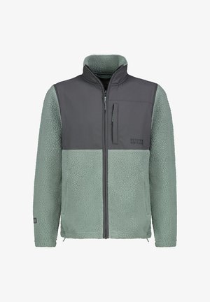 Fleecejacke mit mintgrünem Körper und grauem Oberteil. Verfügt über eine Brusttasche mit Reißverschluss und strukturierten Stoff zur Isolierung.