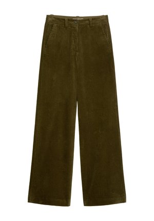 Pantalon en velours côtelé vert olive foncé, avec des jambes larges, une texture à nervures verticales, des poches frontales et une fermeture à bouton.