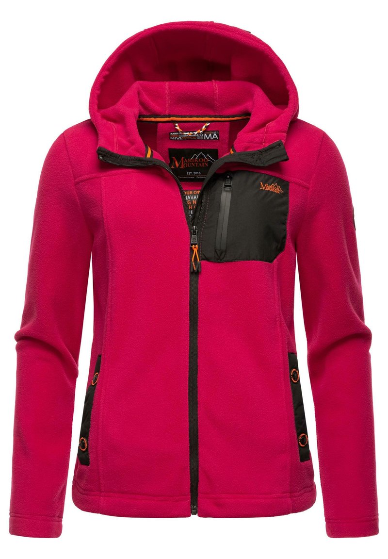 Fleece jacket in bright pink, featuring a black zippered chest pocket, contrasting black side panels, and orange accents. Hooded design.
