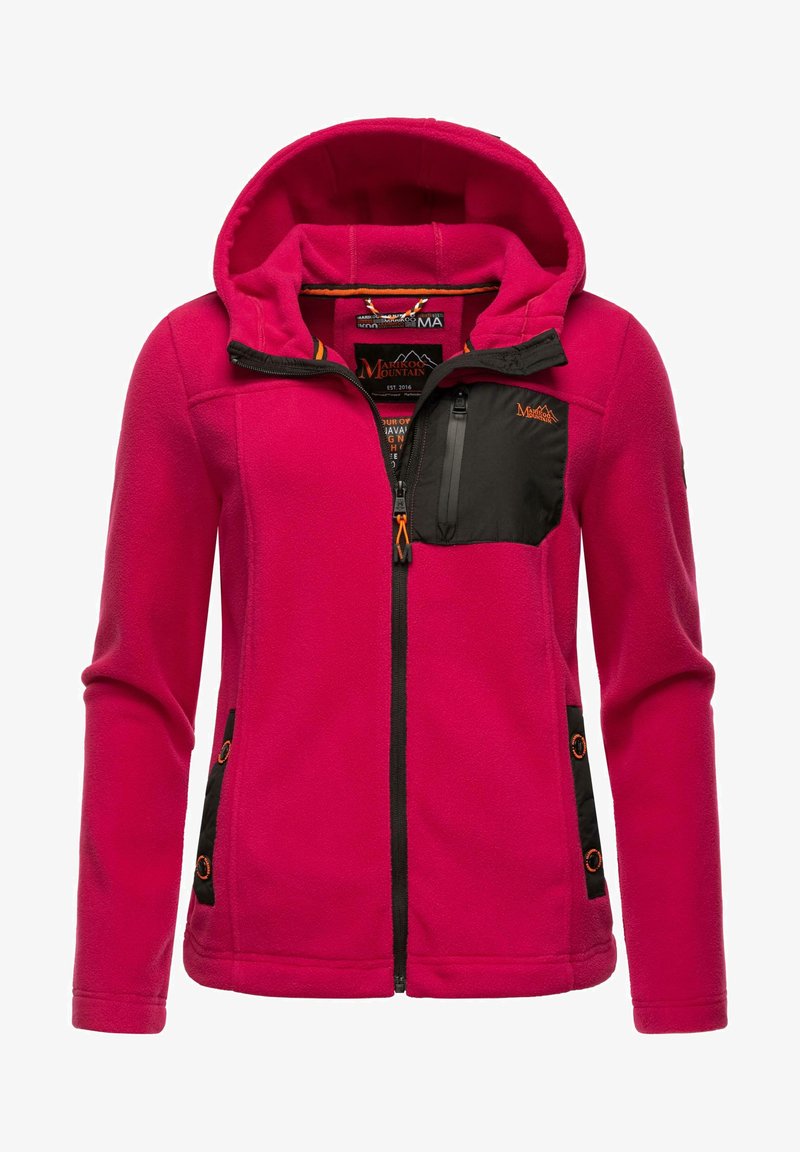 Fleece jacket in bright pink, featuring a black zippered chest pocket, contrasting black side panels, and orange accents. Hooded design.
