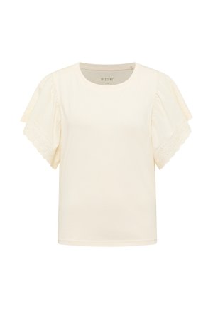 Kreemjas lühikeste varrukatega pluus, mille ümar kaelus ja lainelise silmkoelise pitsiga detailid on puhvis varrukatel.