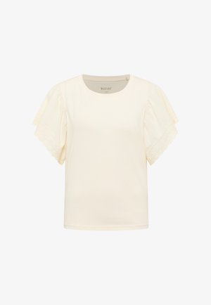 Cream short-sleeve blouse with round neckline and scalloped eyelet lace detailing on puffed sleeves.