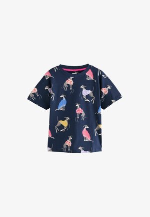 Baumwoll-T-Shirt in Marineblau mit einem wiederholten Muster von Hunden in verschiedenen bunten Kleidern. Kurze Ärmel und Rundhalsausschnitt.