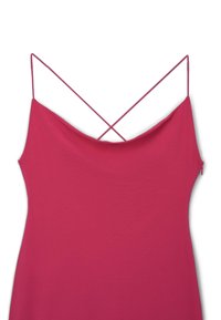 Fuchsia Spaghettiträgerkleid mit lockerer Silhouette und kreuzförmigem Rückendesign. Glattes Material mit weicher Textur. Seitlicher Reißverschluss.