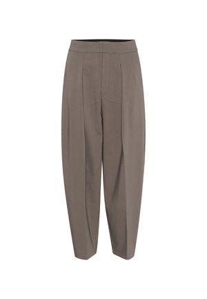 Gray, loose-fitting trousers with pleats, a tapered leg design, and a smooth texture. Features an elastic waistband for comfort.