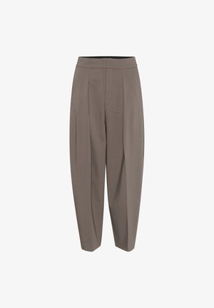 Pantaloni grigi, larghi e con pinces, design con gamba a sigaretta e texture liscia. Presentano un elastico in vita per il massimo comfort.