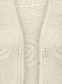 Cream-colored knit fabric with intricate openwork patterns and circular designs, showing varied textures and detailed stitching.