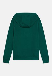Sudadera verde con una textura suave, que presenta una capucha amplia, mangas largas y puños acanalados. La vista trasera muestra una construcción sin costuras.