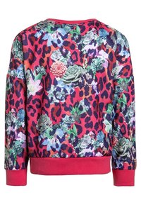 Suéter colorido con un estampado de leopardo rosa, que presenta patrones florales en verdes, azules y morados. Puños y dobladillo acanalados. Tejido suave.