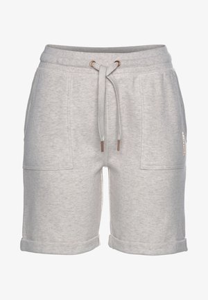 Hellegraue Baumwollmischung-Shorts mit elastischem Bund, Kordelzug, zwei Fronttaschen und umgeschlagenen Säumen. Verfügt über eine subtile Textur.