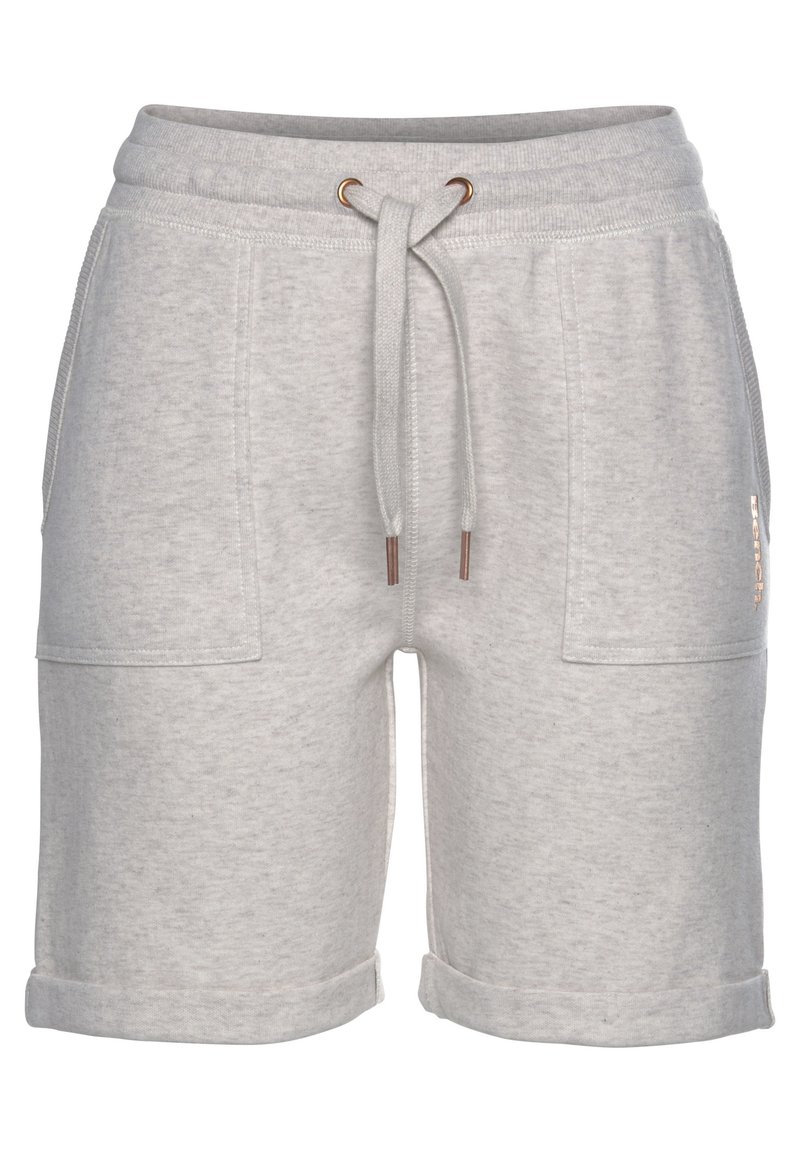 Pantaloni corti in misto cotone di colore grigio chiaro con vita elastica, coulisse, due tasche anteriori e orli arrotolati. Presenta una leggera texture.