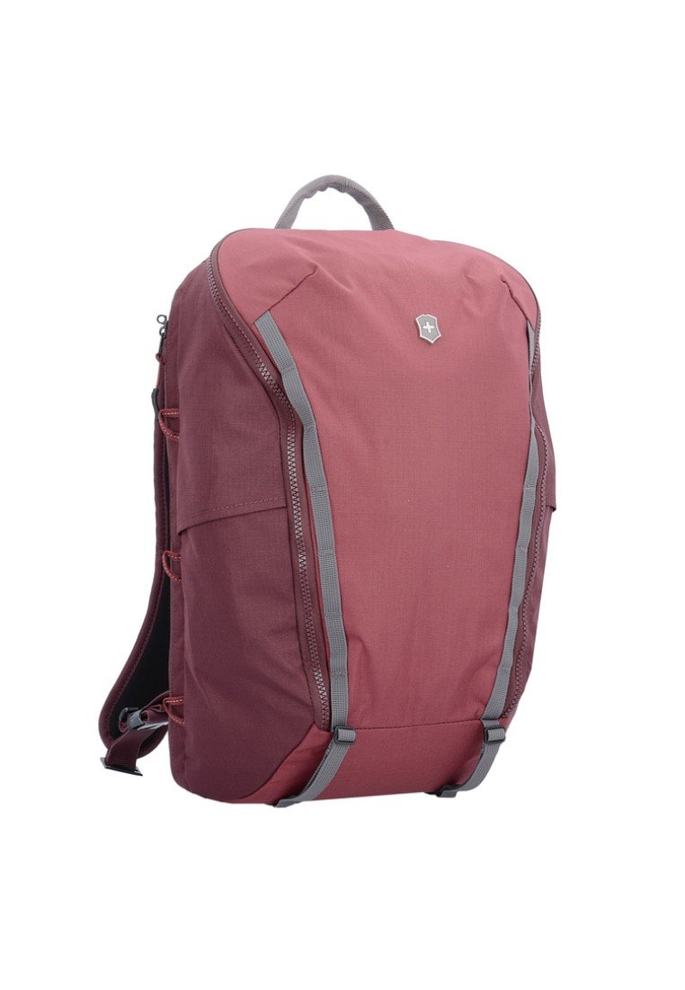 Bordeauxfarbener Rucksack mit grauen Akzenten, der eine glatte Textur aufweist, seitliche Reißverschlusstaschen und einen oberen Griff für einfaches Tragen hat.