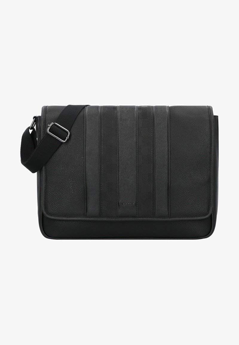 Melnas sūtījumu soma ar teksturētu ādu, ar atloku aizdari un svītrainu dizainu. Iekļauta regulējamā siksna un logotipa detaļa.