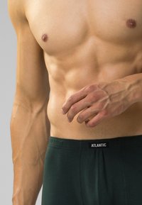 Ciemnozielone bawełniane bokserki z elastycznym pasem, na którym znajduje się czarna metka z logo "ATLANTIC." Odsłonięta karnacja na górnej części ciała.