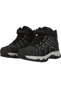 Schwarze Wanderschuhe mit Netzobermaterial, synthetischen Überzügen und Gummisohle. Mit grauen Akzenten und Schnürsenkeln, mittelhohe Bauweise für zusätzlichen Halt.