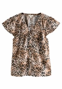 Bluse med leopardprint i lysebrun og sort, med korte, svævende ærmer, en V-halsudskæring og en knaplukning fortil med cremefarvede knapper.