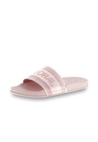 Sandal con appoggio rosa con una fascia ampia e testurizzata che presenta la parola "FLORAL" in una tonalità contrastante e una suola piatta e imbottita.