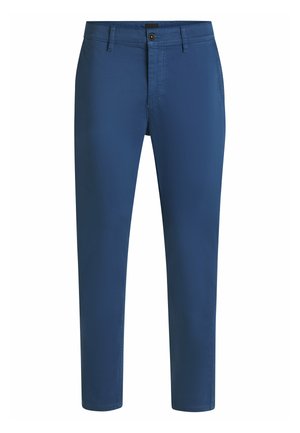 Chinos azul marino hechos de una tela ligera, con un diseño de pierna recta, bolsillos frontales y un cierre de botón en la cintura.