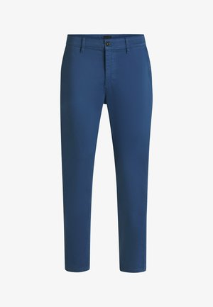 Chinos bleu marine en tissu léger, avec une coupe droite, des poches avant et une fermeture à bouton à la taille.