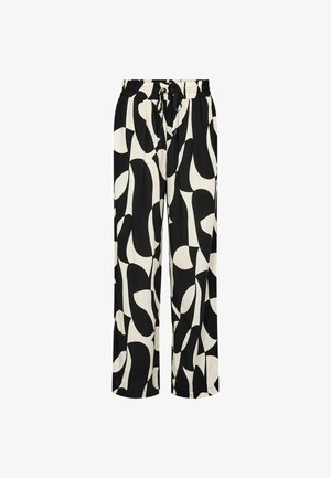 Hlače širokih nog z elastičnim pasom in črno-belim abstraktnim listnim vzorcem, z vrvico za zavezovanje spredaj.