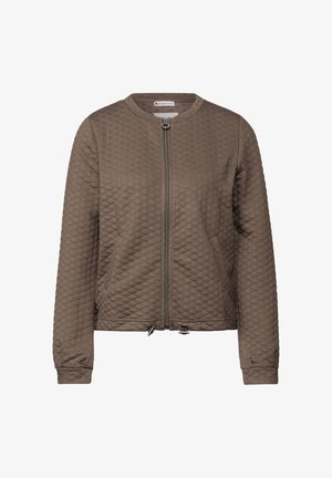 Prošívaná hnědá bomber bunda s plným předním zipem, stažovacími šňůrkami na spodním lemu a dlouhými rukávy, bez límce, od značky Street One.