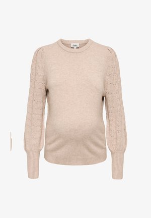 Beige neulottu äitiyspaita, jossa on ilmavat, rei'itettyä silmukkakuviota olevat pitkät hihat sekä resorit hihansuissa ja helmassa.