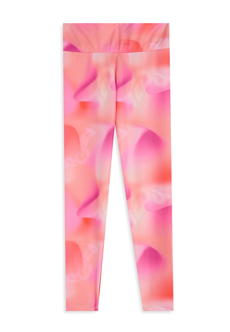Leggings con una pretina alta en una tela suave y lisa. Presentan un patrón abstracto en tonos rosas y coral, creando un diseño fluido.