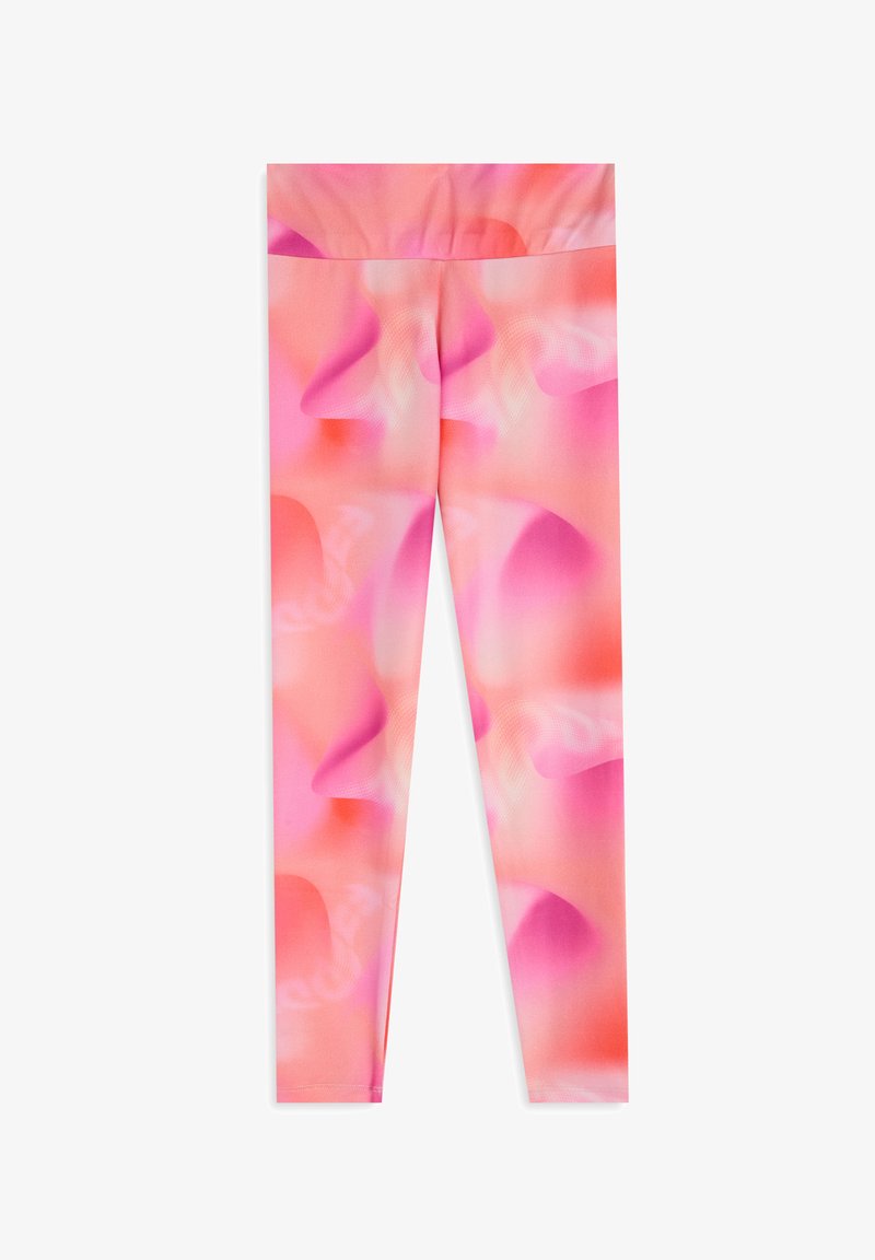 Leggings con una pretina alta en una tela suave y lisa. Presentan un patrón abstracto en tonos rosas y coral, creando un diseño fluido.