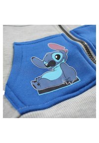 Sweat à capuche bleu et gris avec un patch de personnage de dessin animé sur un fond bleu. Tissu lisse avec une fermeture éclair et des coutures contrastées.